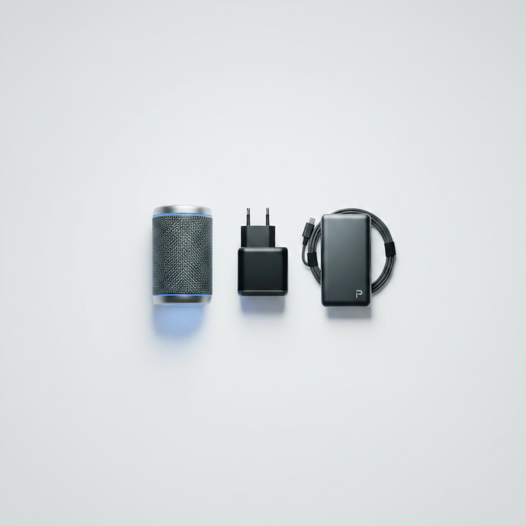 Portable electronics flatlay white background